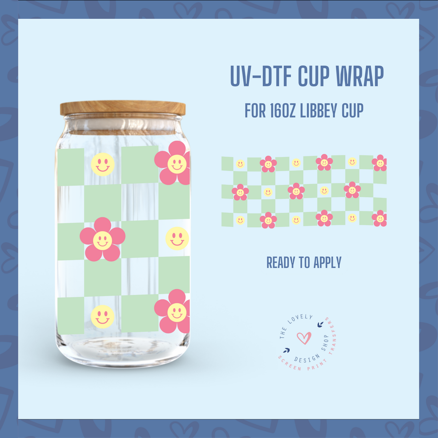 Green Spring Checkered - UV DTF 16 oz Libbey Cup Wrap (Ready to Ship) Mar 26
