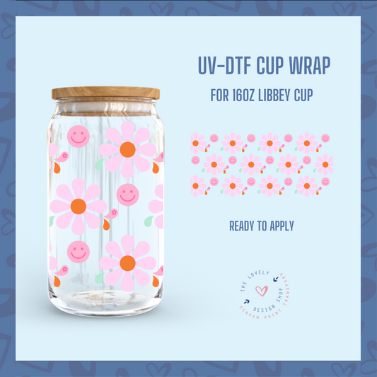 Flower Cuties Smileys - UV DTF 16 oz Libbey Cup Wrap (Ready to Ship) Feb 27