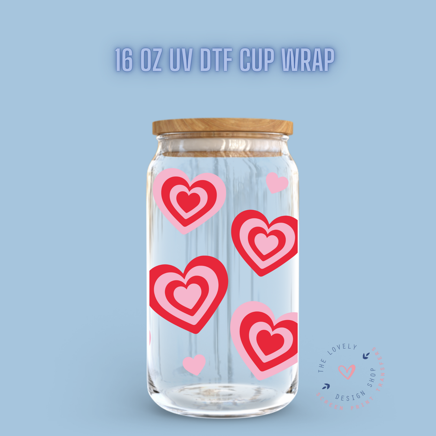 Valentines Retro Floating Hearts - UV DTF 16 oz Libbey Cup Wrap (Ready to Ship)