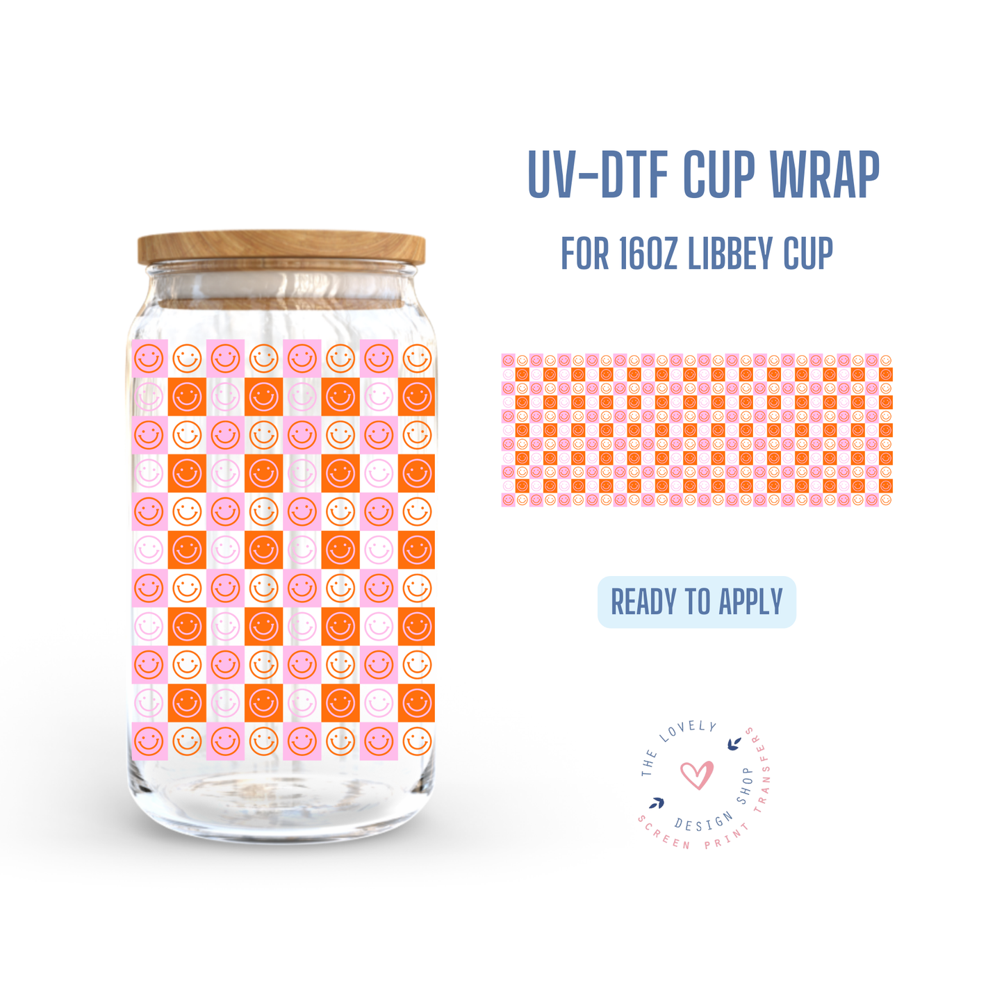 Checkered Smiles - UV DTF 16 oz Libbey Cup Wrap (Ready to Ship) Jul 1