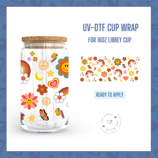 Peace, Love and Happiness - UV DTF 16 oz Libbey Cup Wrap (Ready to Ship)