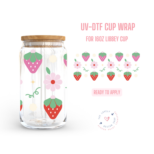 Pink And Red Strawberries - UV DTF 16 oz Libbey Cup Wrap - Dec 9