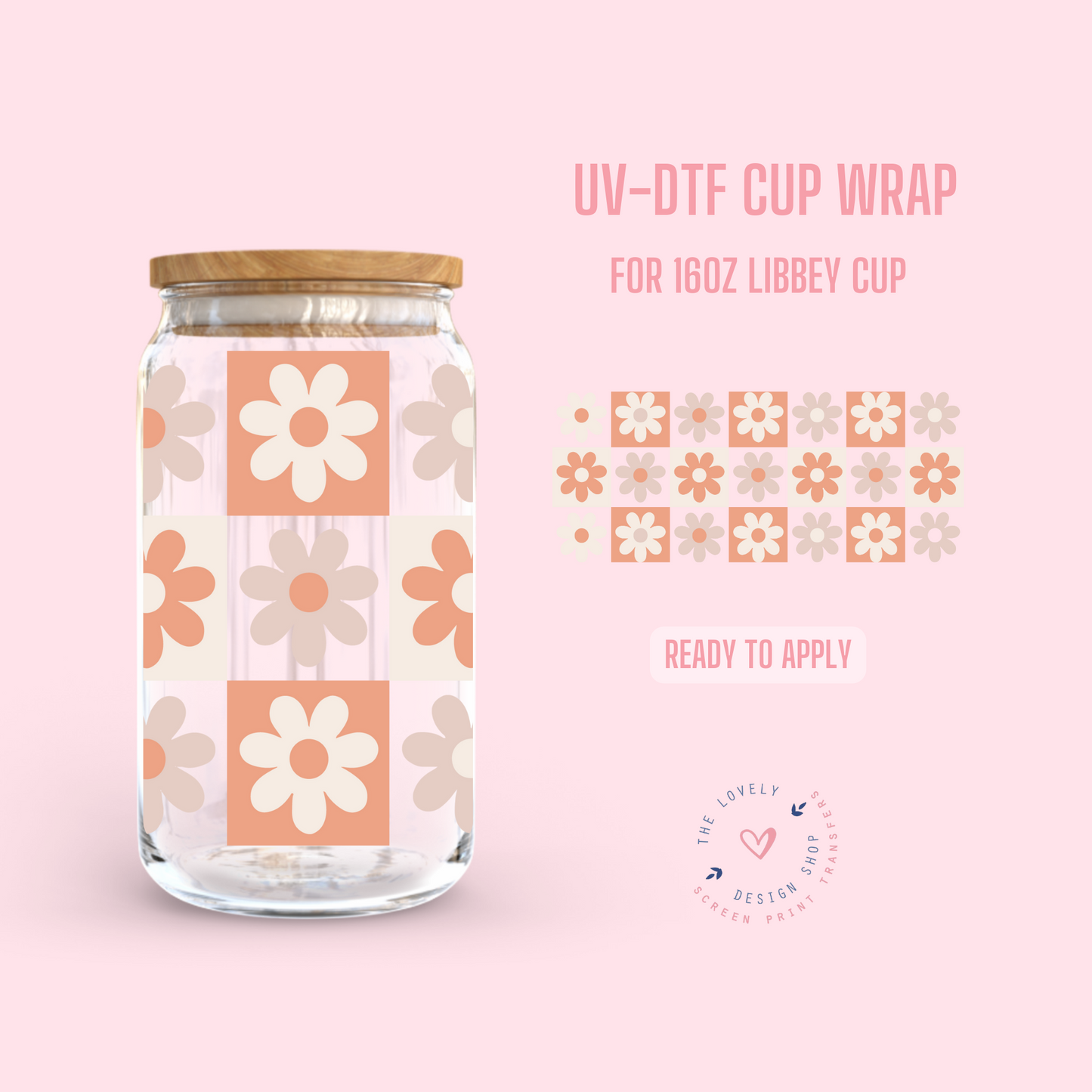 Orange and Cream Checkered Daisy - UV DTF 16 oz Libbey Cup Wrap (Ready to Ship)