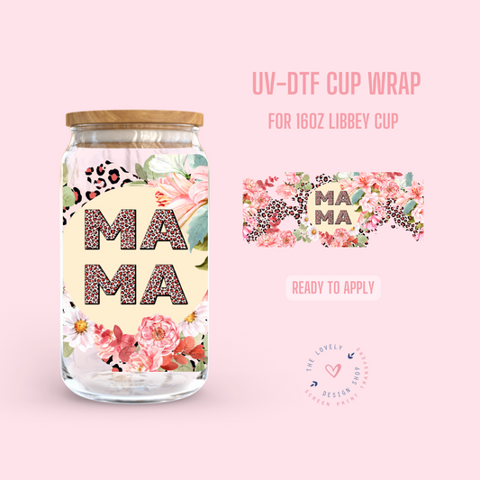 Mamá Cheetah Flower - UV DTF 16 oz Libbey Cup Wrap (Ready to Ship)