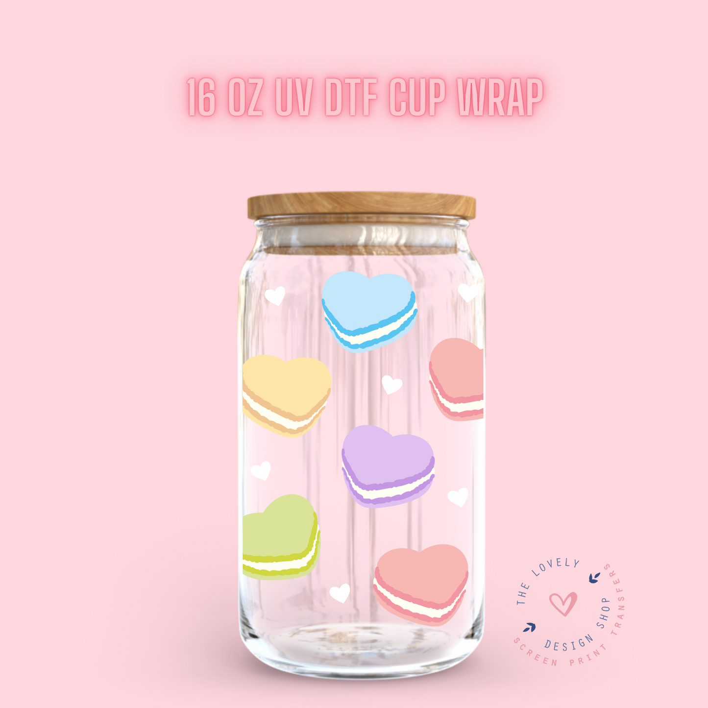 Heart Macaroons - UV DTF 16 oz Libbey Cup Wrap (Ready to Ship)