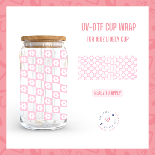 Pink Checkered Daisy - UV DTF 16 oz Libbey Cup Wrap (Ready to Ship)