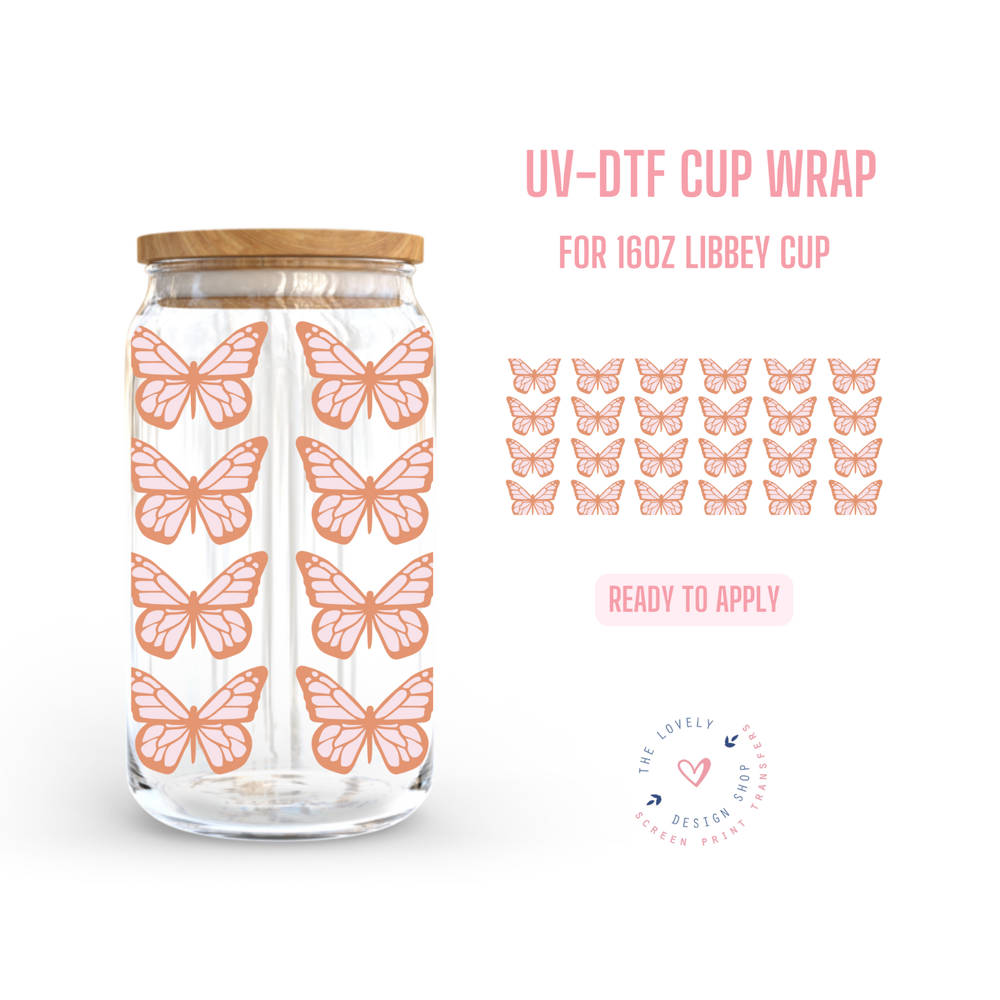 Retro Butterflies - UV DTF 16 oz Libbey Cup Wrap (Ready to Ship)