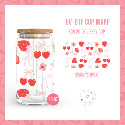 Strawberry Coquette - UV DTF 20 oz Libbey Cup Wrap (Ready to Ship) Mar 4