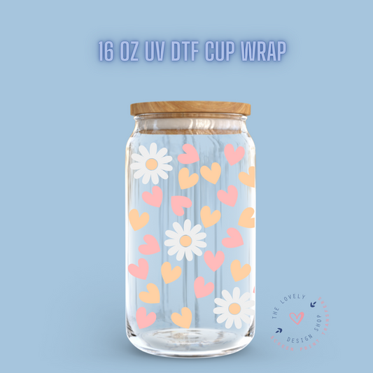 Daisy And A Lot Of Hearts - UV DTF 16 oz Libbey Cup Wrap (Ready to Ship)