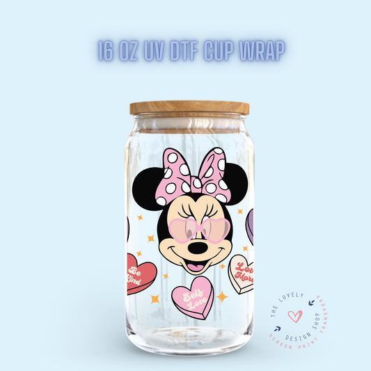 Girl Mouse Valentines Theme - UV DTF 16 oz Libbey Cup Wrap (Ready to Ship)