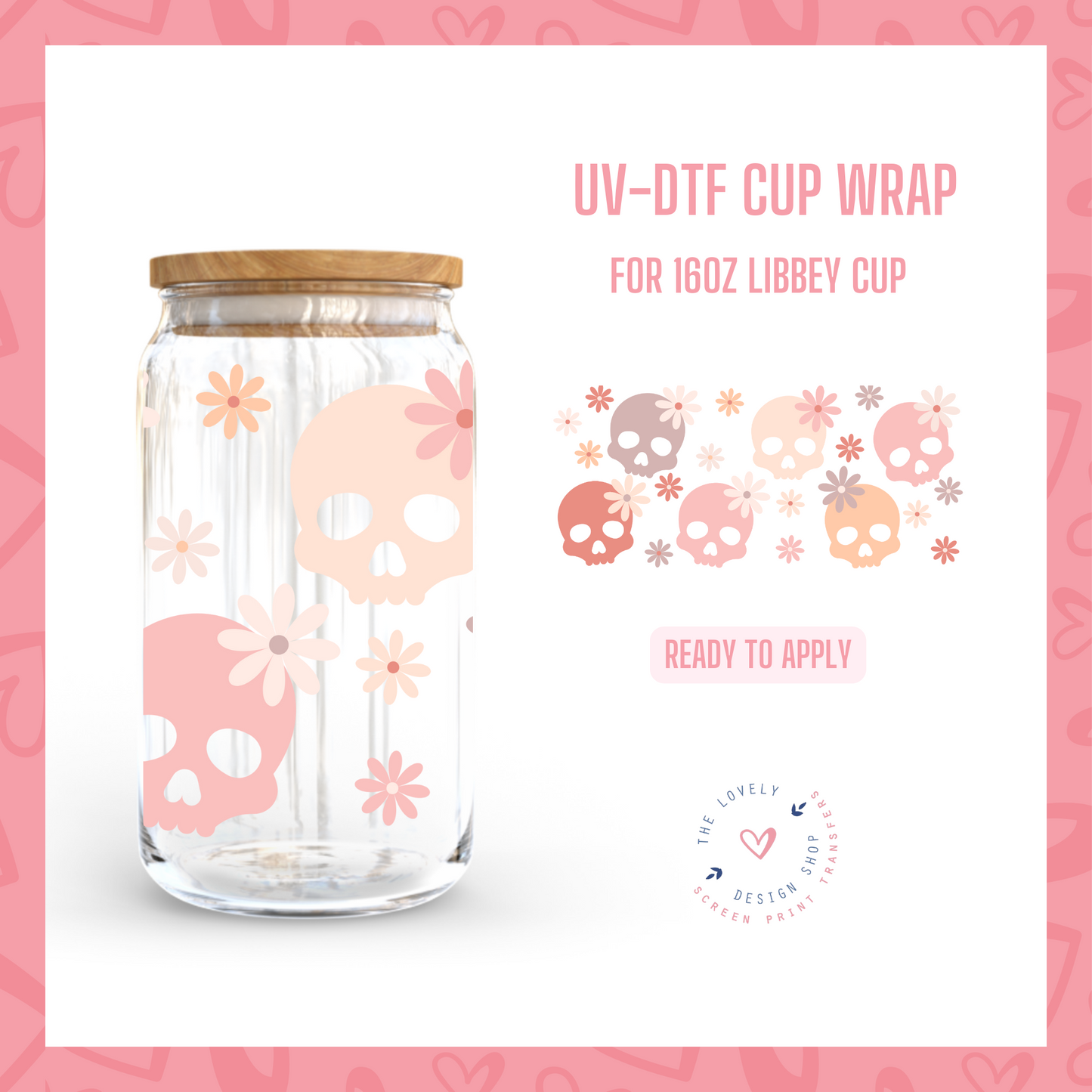 Boho Blush Skulls - UV DTF 16 oz Libbey Cup Wrap (Ready to Ship)