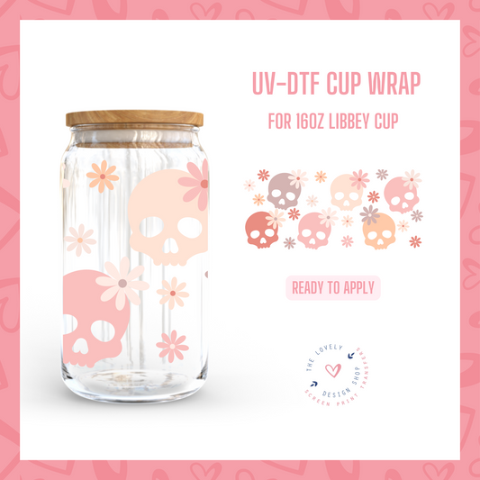 Boho Blush Skulls - UV DTF 16 oz Libbey Cup Wrap (Ready to Ship)