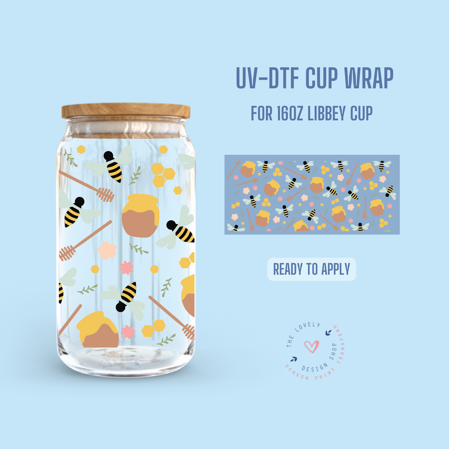 Honey Bees - UV DTF 16 oz Libbey Cup Wrap (Ready to Ship)