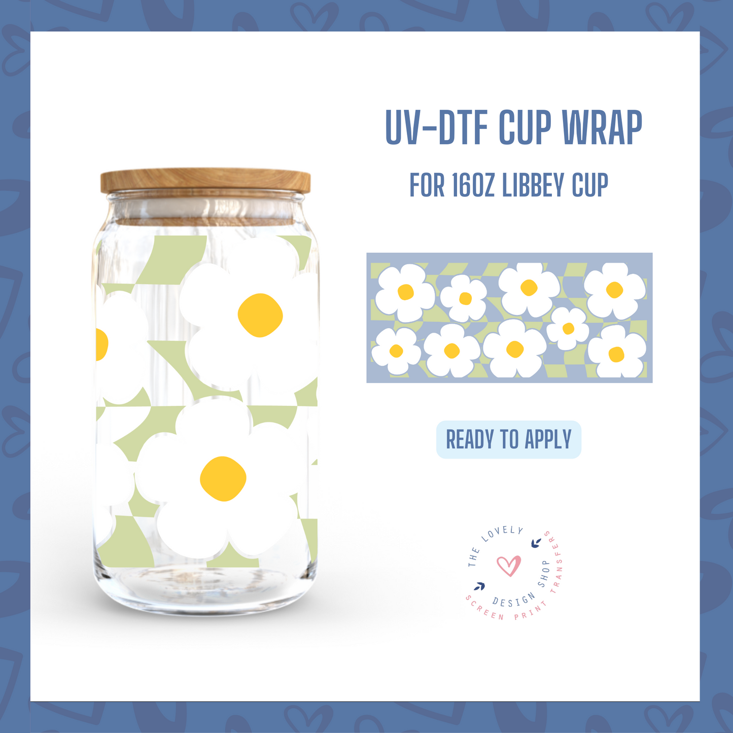 Green Checkered Daisies - UV DTF 16 oz Libbey Cup Wrap (Ready to Ship)