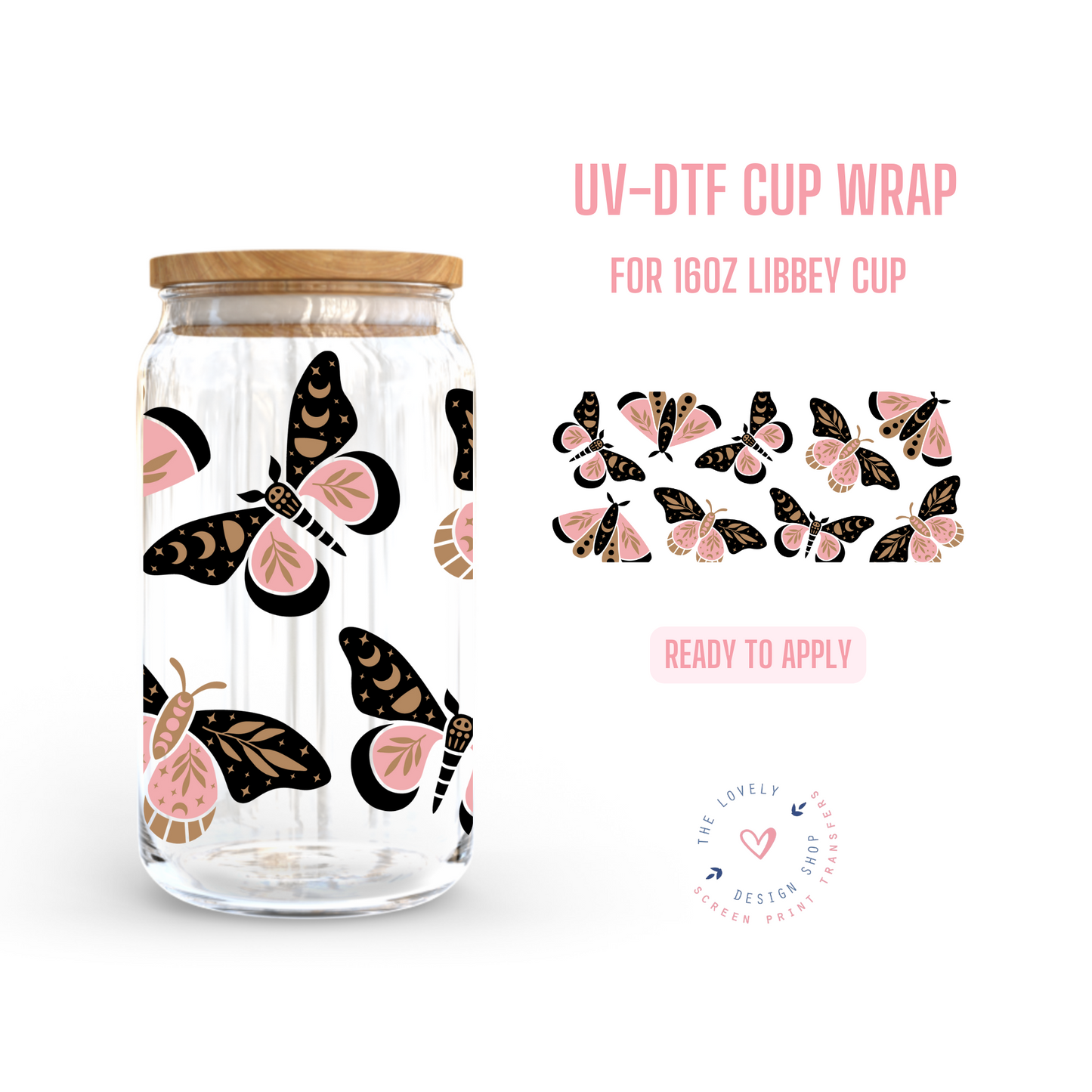 Cute Moths - UV DTF 16 oz Libbey Cup Wrap (Ready to Ship)
