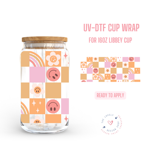 Checkered Smileys and Rainbows - UV DTF 16 oz Libbey Cup Wrap (Ready to Ship)