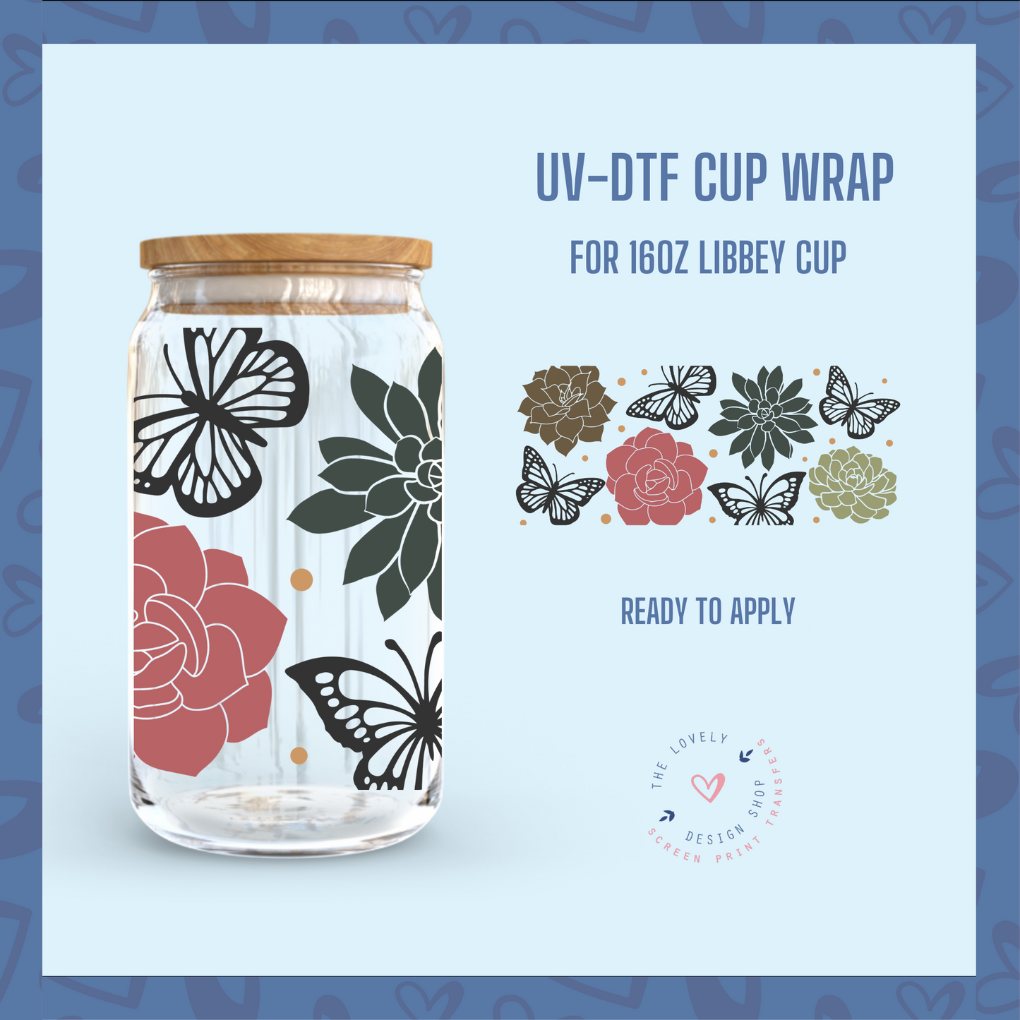 Cactus and Butterflies - UV DTF 16 oz Libbey Cup Wrap (Ready to Ship)