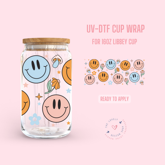 Pastel Smileys - UV DTF 16 oz Libbey Cup Wrap (Ready to Ship)