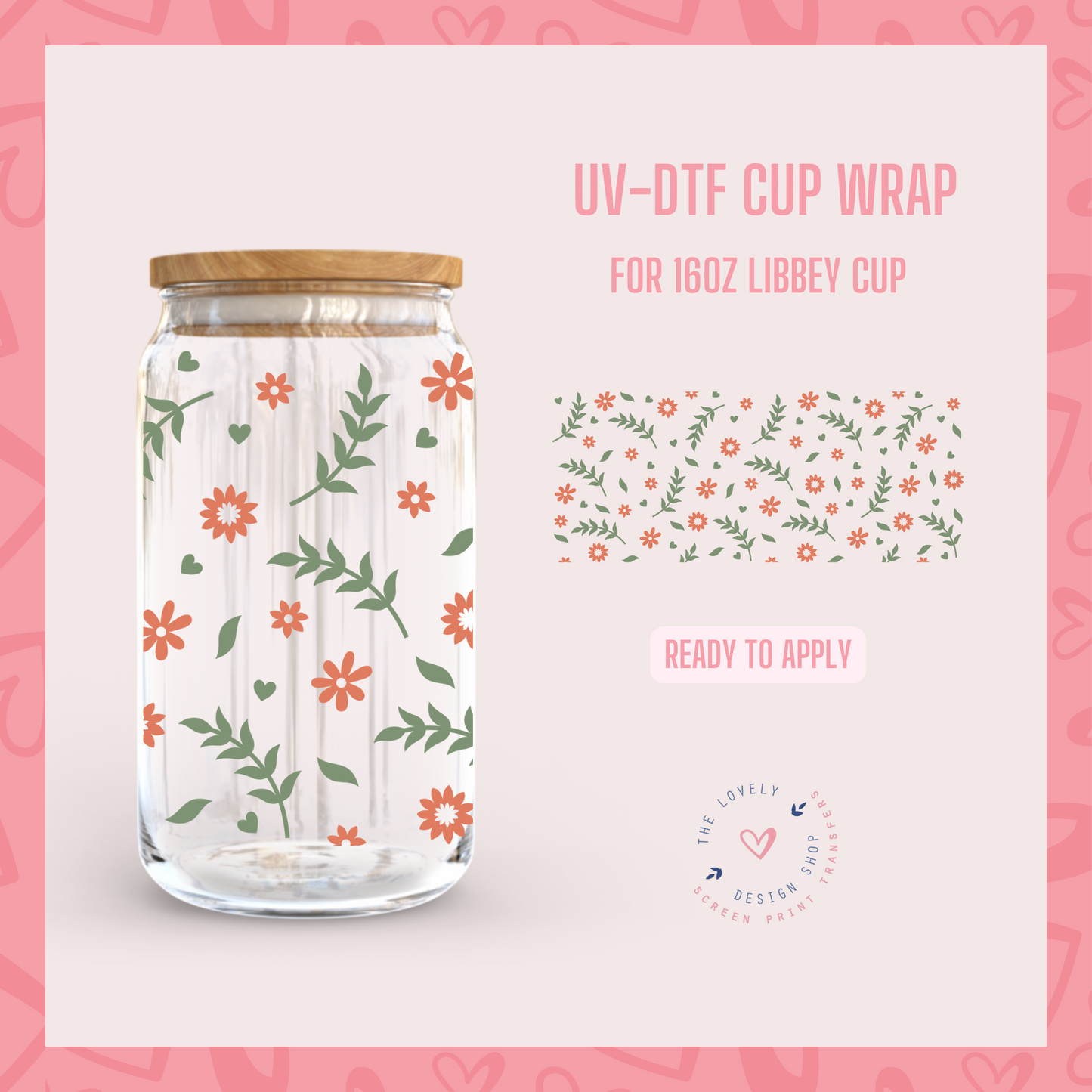 Delicate Red Flowers - UV DTF 16 oz Libbey Cup Wrap (Ready to Ship)