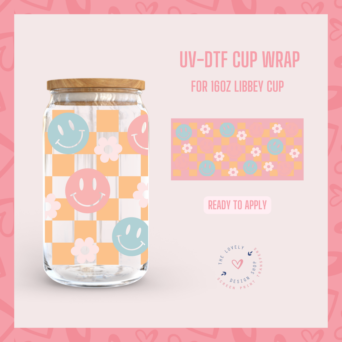 Orange Checkered Daisies and Smileys - UV DTF 16 oz Libbey Cup Wrap (Ready to Ship)
