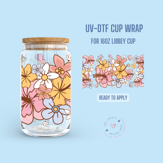 Hawaiian Flowers - UV DTF 16 oz Libbey Cup Wrap (Ready to Ship)