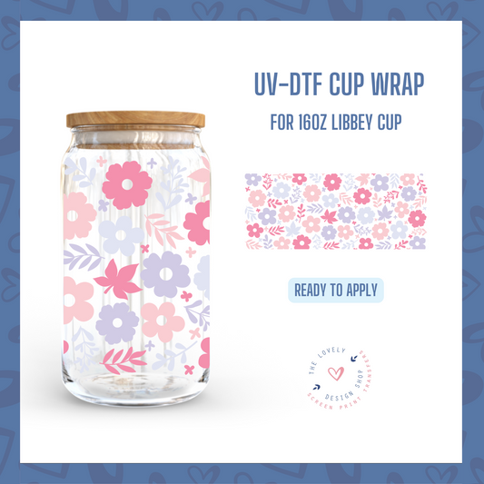 Delicate Pink and Purple Floral - UV DTF 16 oz Libbey Cup Wrap (Ready to Ship)