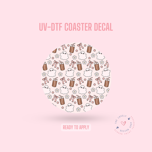 Girly Ghostie Coffee - UV DTF Coaster Decal (Ready to Ship) Jun 17