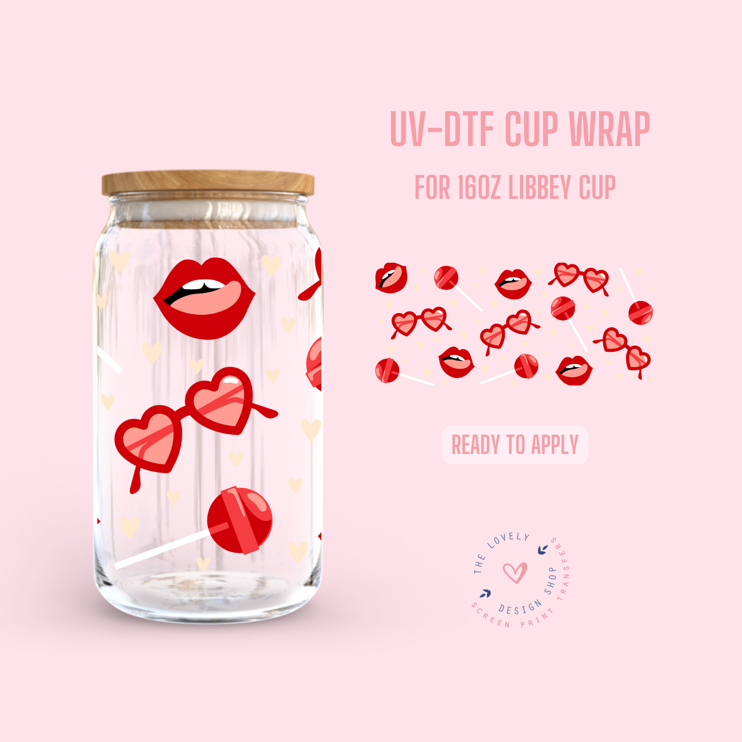 Heart Shaped Sunglasses - UV DTF 16 oz Libbey Cup Wrap (Ready to Ship)