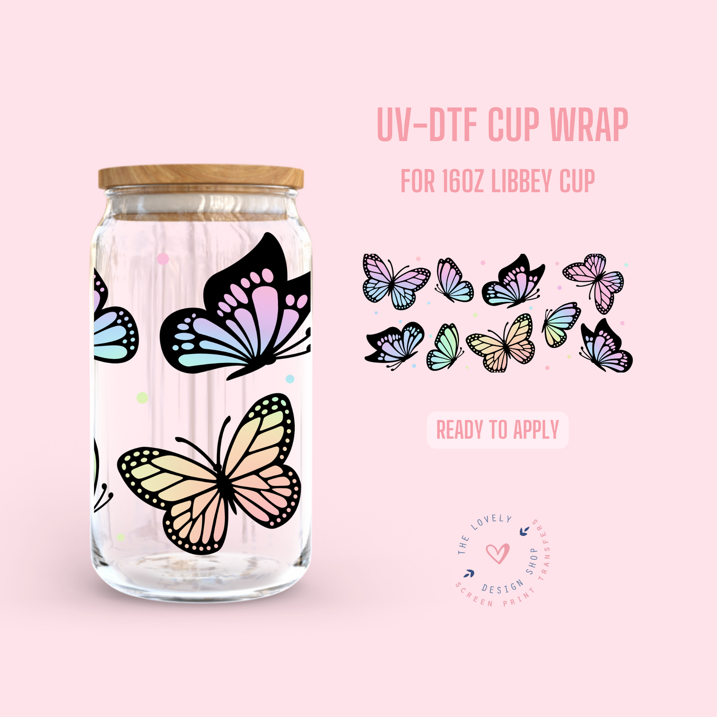 Iridescent Butterflies - UV DTF 16 oz Libbey Cup Wrap (Ready to Ship)