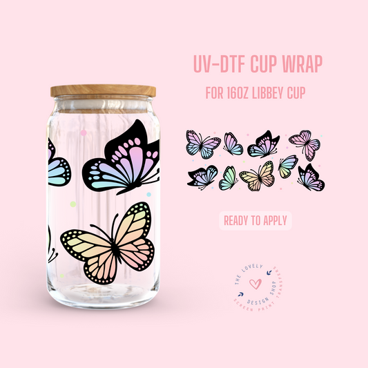 Iridescent Butterflies - UV DTF 16 oz Libbey Cup Wrap (Ready to Ship)