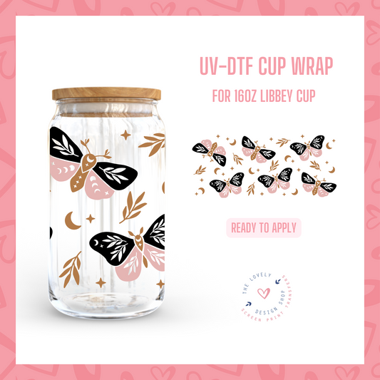 Pink and Black Celestial Moths - UV DTF 16 oz Libbey Cup Wrap (Ready to Ship)