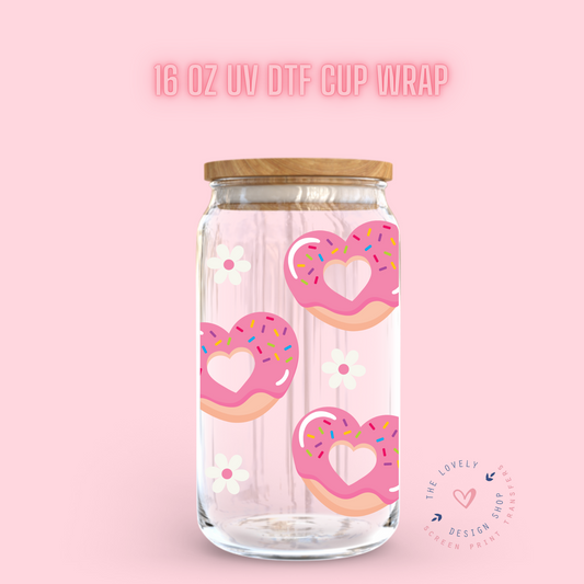 Strawberry Donut Heart - UV DTF 16 oz Libbey Cup Wrap (Ready to Ship)