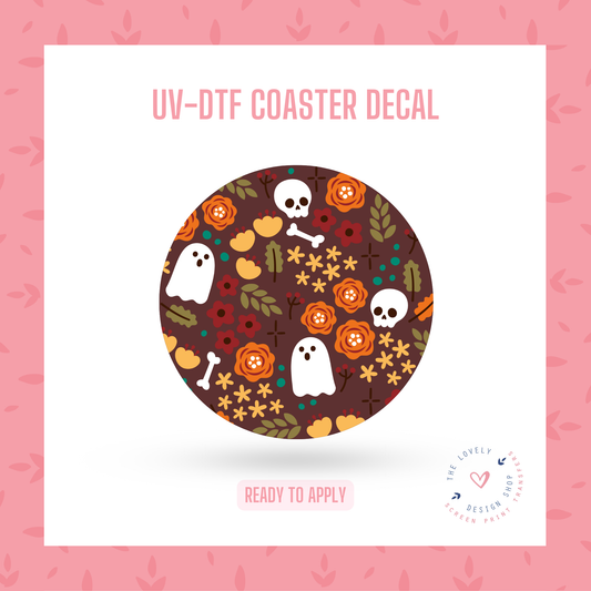 Halloween Floral and Ghosts - UV DTF Coaster Decal (Ready to Ship) Jun 10