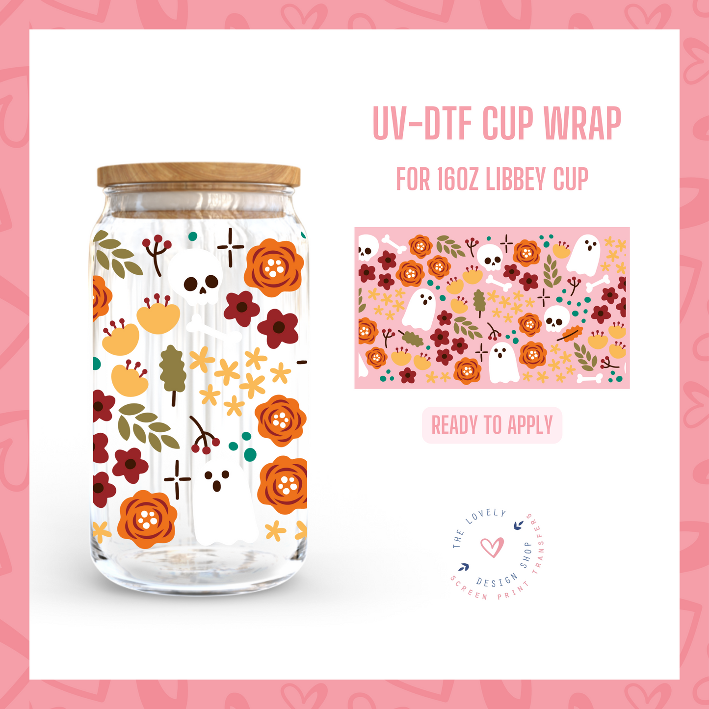 Halloween Floral and Ghosts - UV DTF 16 oz Libbey Cup Wrap (Ready to Ship)