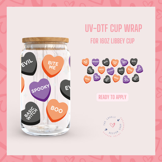 Halloween Candy Hearts - UV DTF 16 oz Libbey Cup Wrap (Ready to Ship)