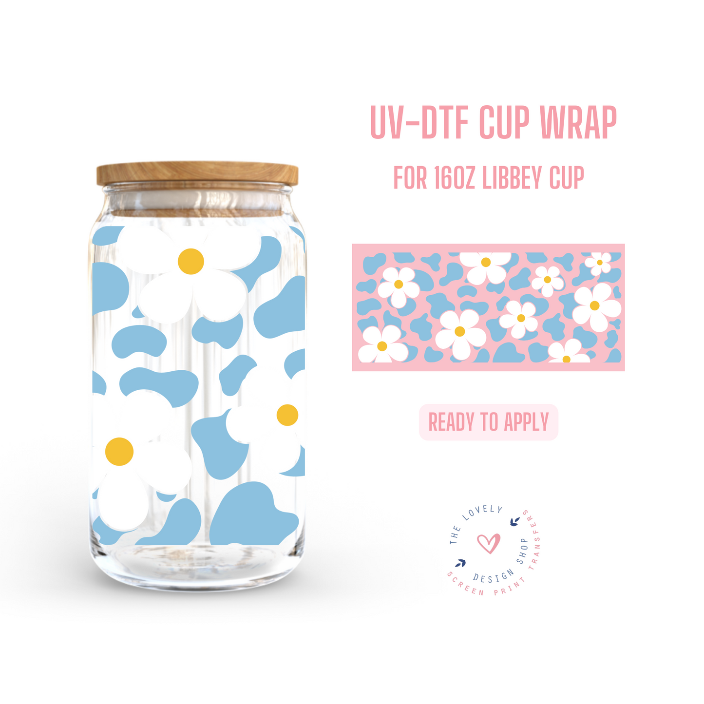 Cow Pattern with Daisies - UV DTF 16 oz Libbey Cup Wrap (Ready to Ship)