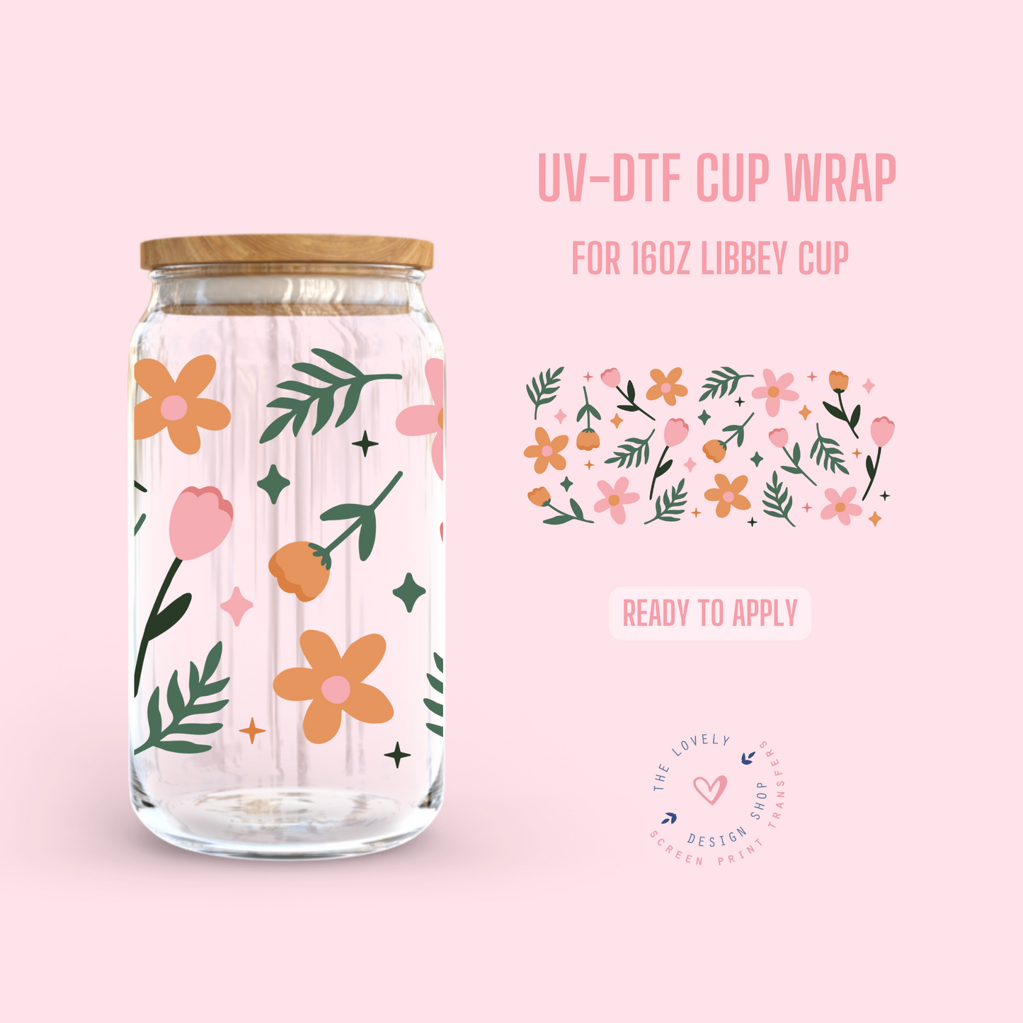 Floral Stars - UV DTF 16 oz Libbey Cup Wrap (Ready to Ship)