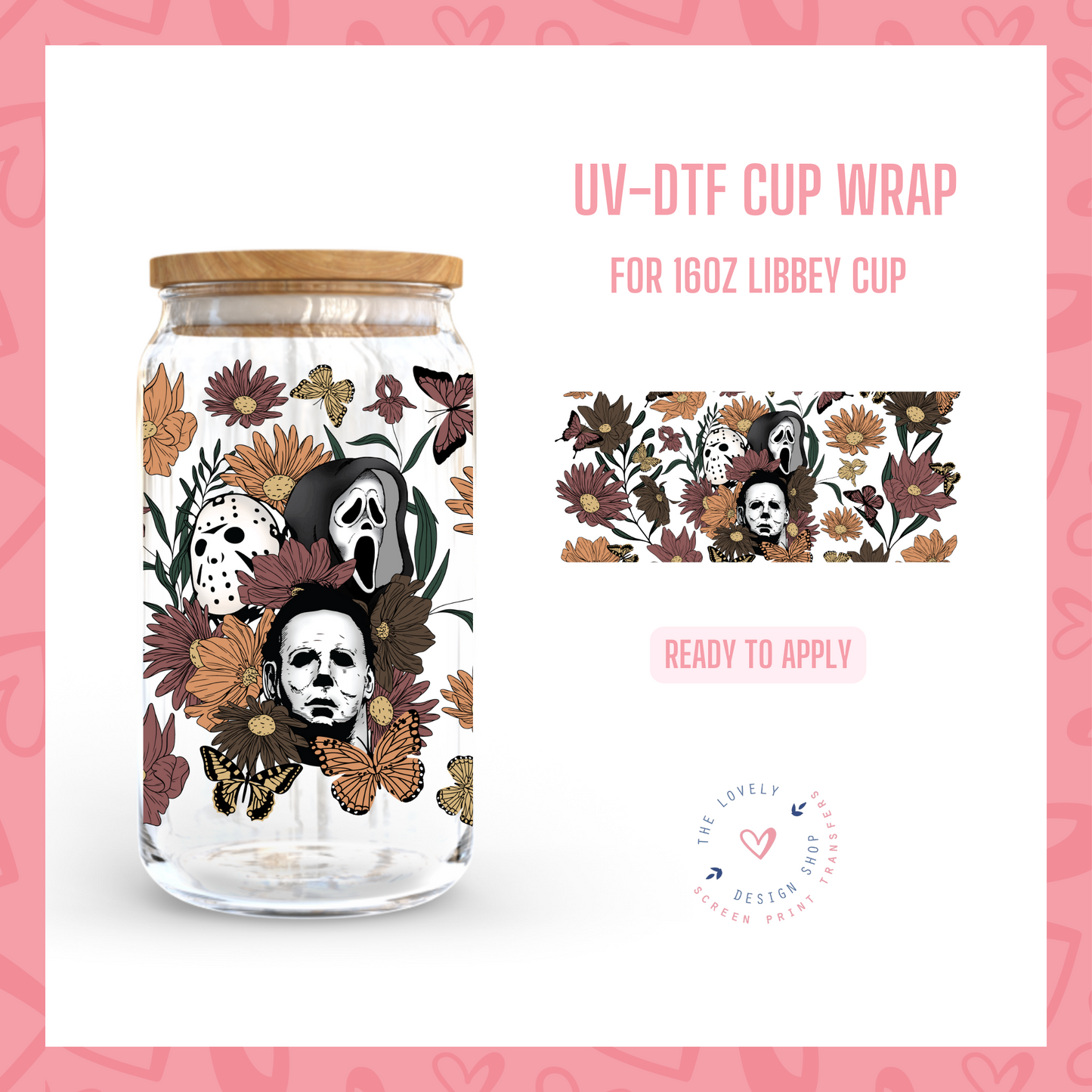 Halloween Floral Faces - UV DTF 16 oz Libbey Cup Wrap (Ready to Ship)