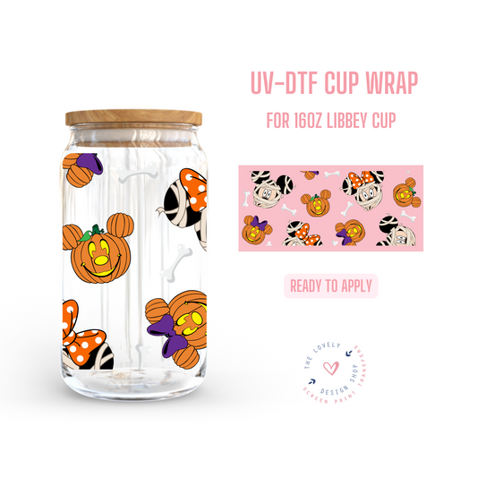 Mouse Mummies and Pumpkins - UV DTF 16 oz Libbey Cup Wrap (Ready to Ship)