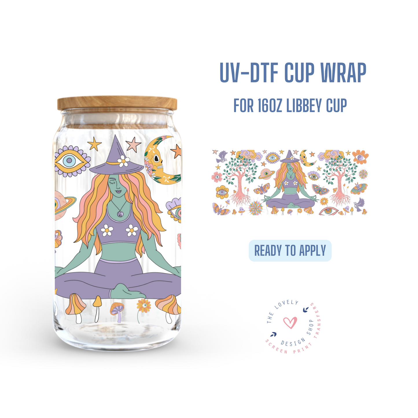 Hippie Witch - UV DTF 16 oz Libbey Cup Wrap (Ready to Ship)