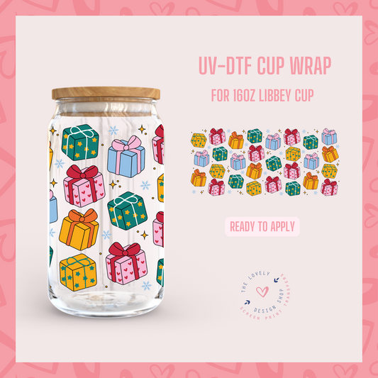 Bright Christmas Presents - UV DTF 16 oz Libbey Cup Wrap - Oct 8