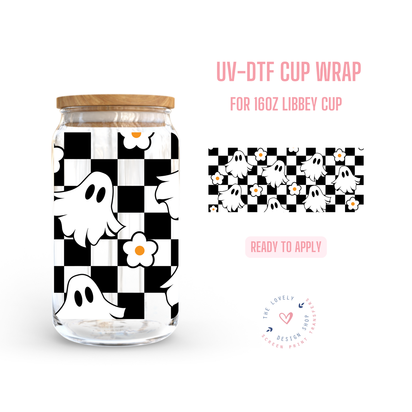 Checkered Ghost - UV DTF 16 oz Libbey Cup Wrap (Ready to Ship)