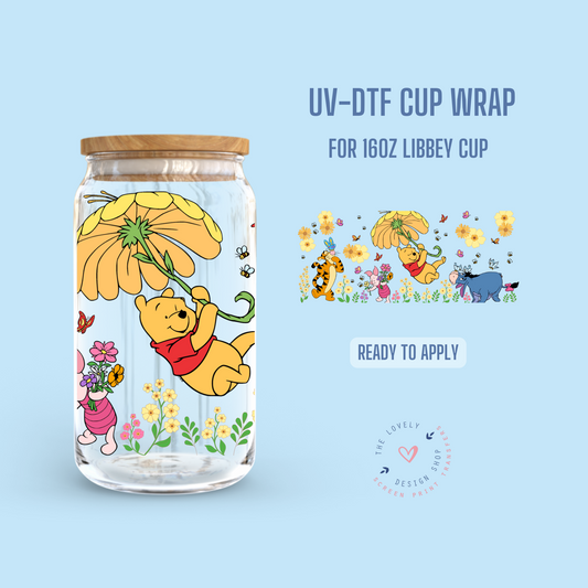 Bear with Friends in Garden - UV DTF 16 oz Libbey Cup Wrap (Ready to Ship)