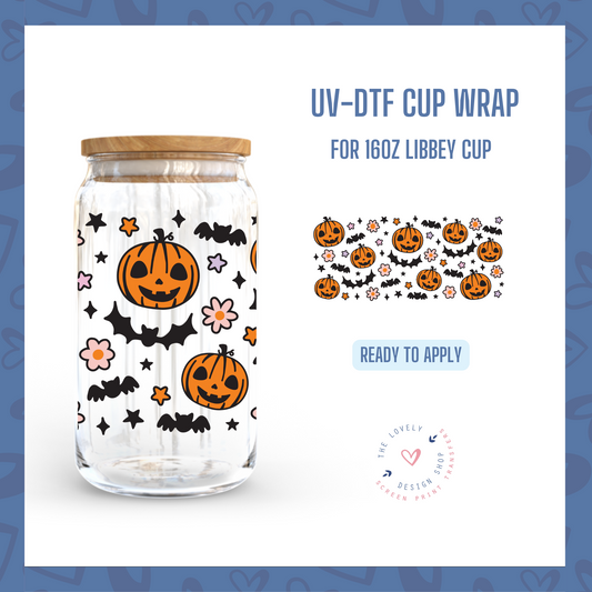 Pumpkins, Bats and Flowers - UV DTF 16 oz Libbey Cup Wrap (Ready to Ship)