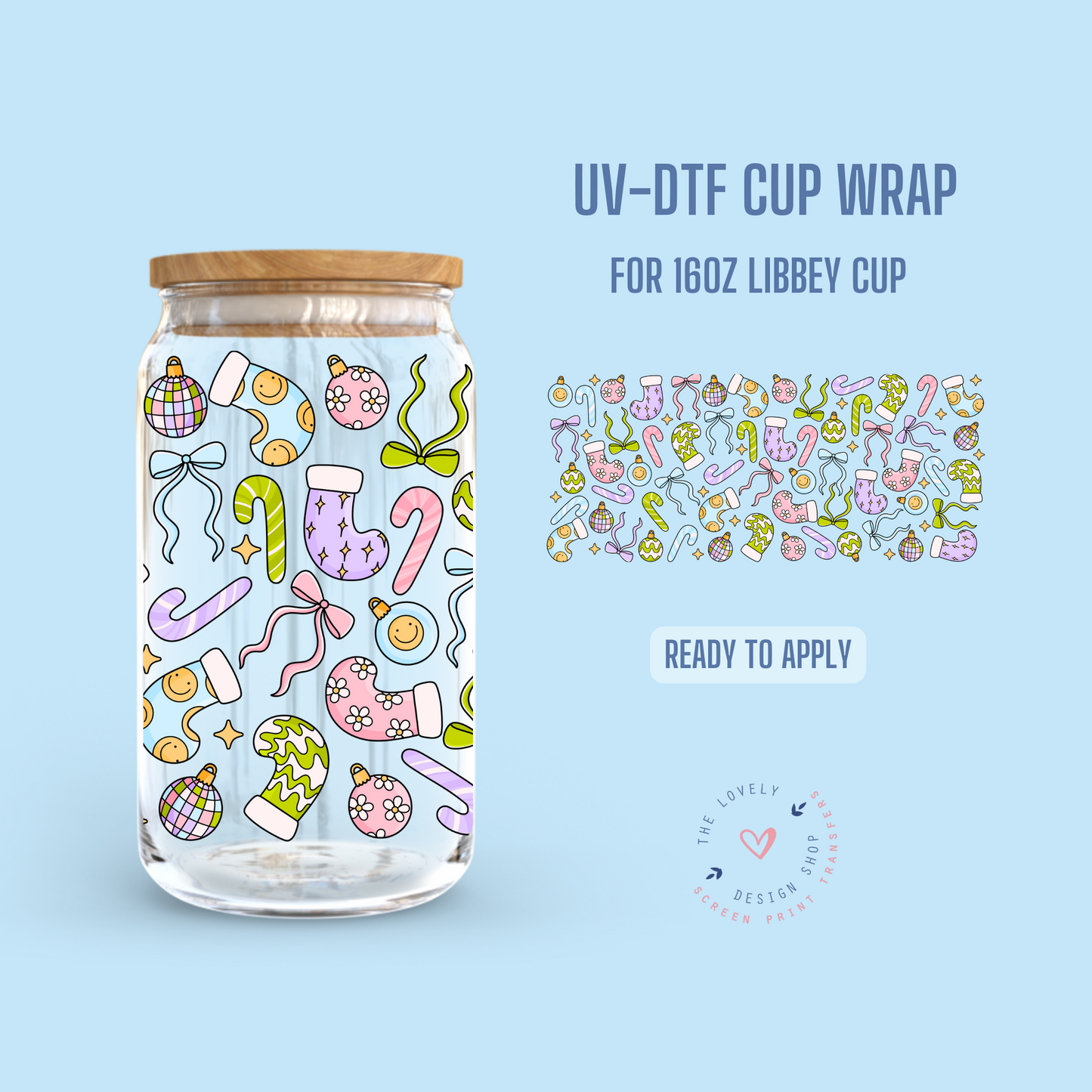 Groovy Pastel Christmas - UV DTF 16 oz Libbey Cup Wrap - Sep 16