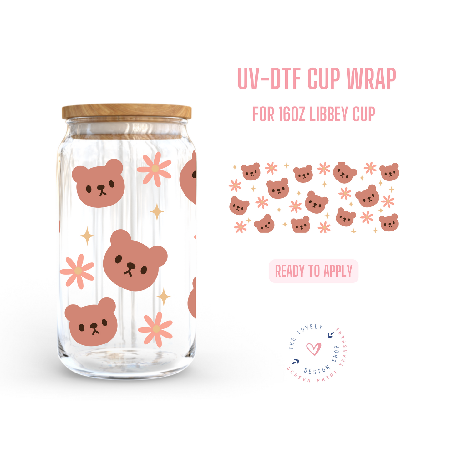 Cute Bears - UV DTF 16 oz Libbey Cup Wrap (Ready to Ship)