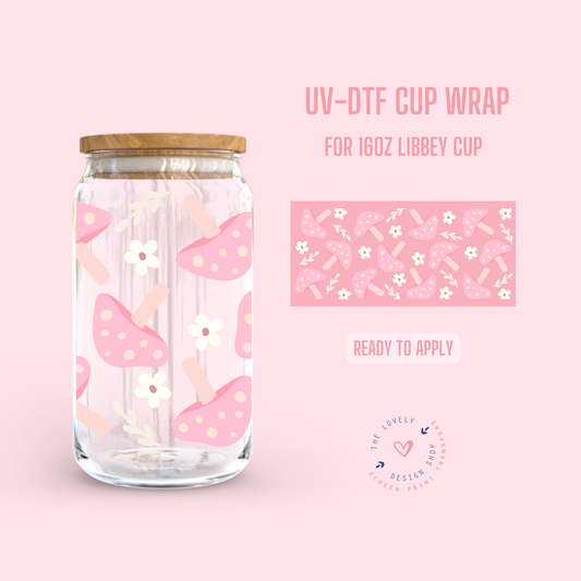 Pink Mushrooms - UV DTF 16 oz Libbey Cup Wrap (Ready to Ship)