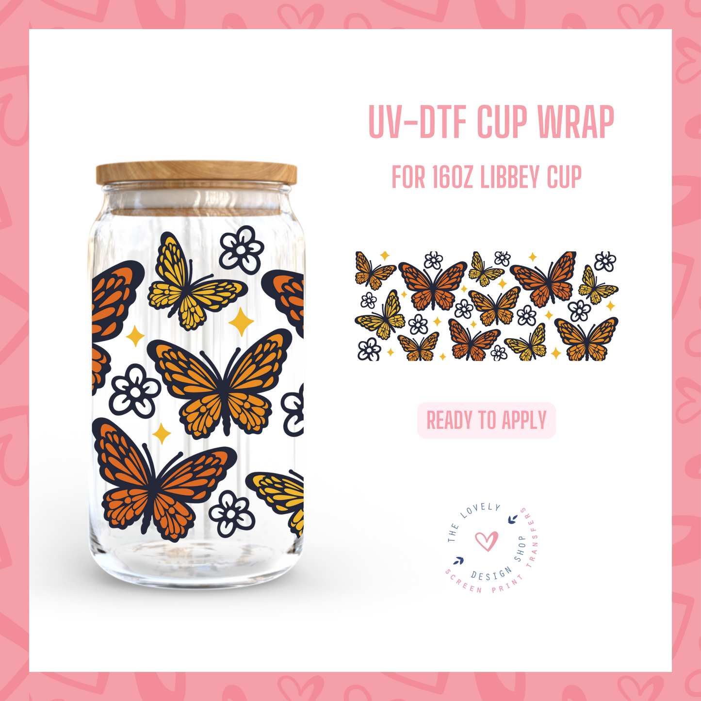 Monarch Butterfly - UV DTF 16 oz Libbey Cup Wrap (Ready to Ship)