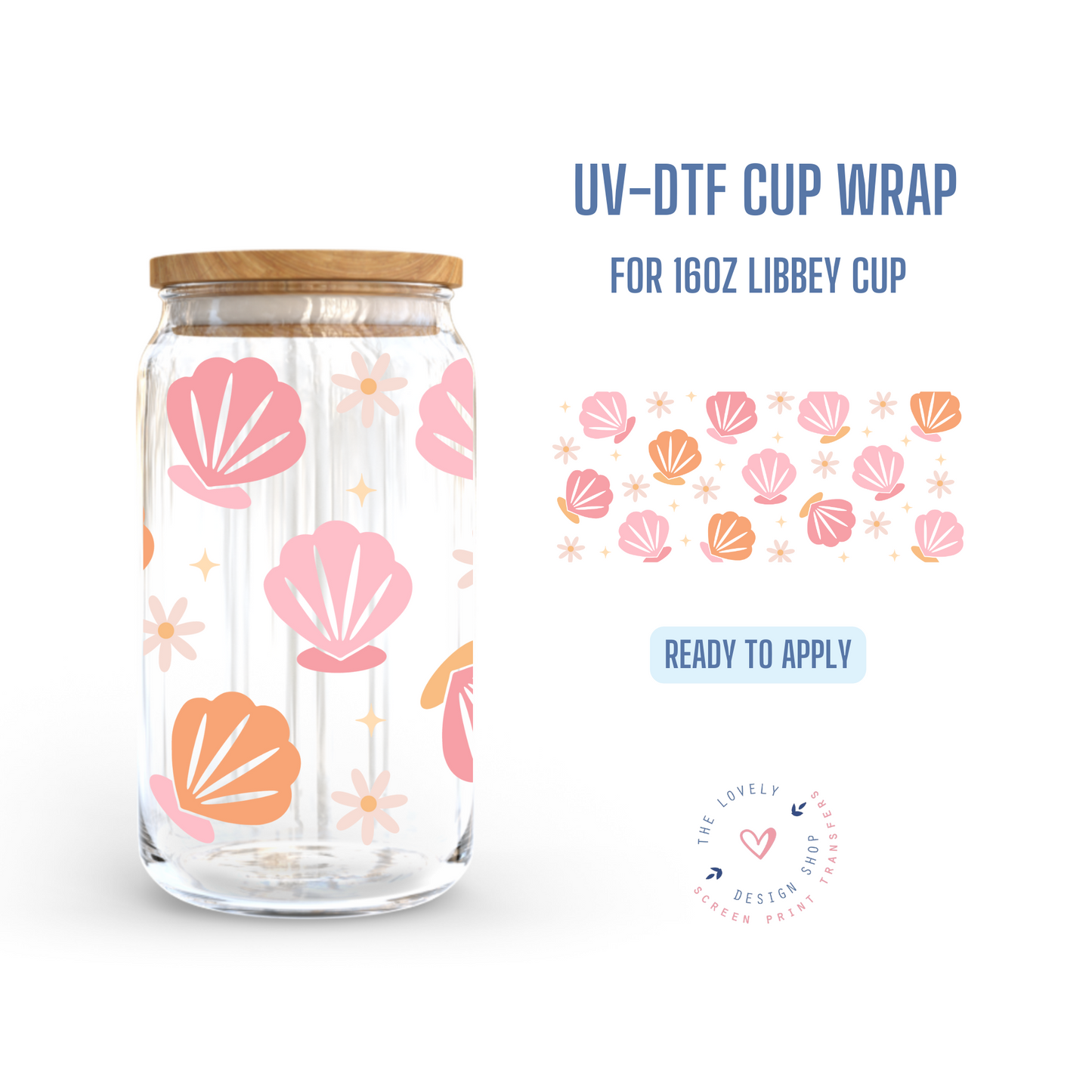 Sea Shells - UV DTF 16 oz Libbey Cup Wrap (Ready to Ship)