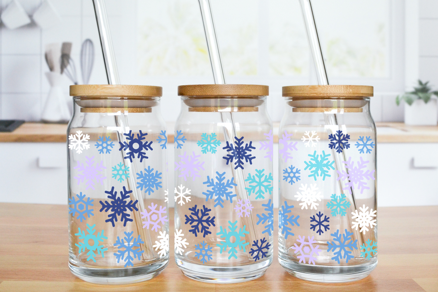 Blue Tones Snowflakes - UV DTF 16 oz Libbey Cup Wrap (Ready to Ship)